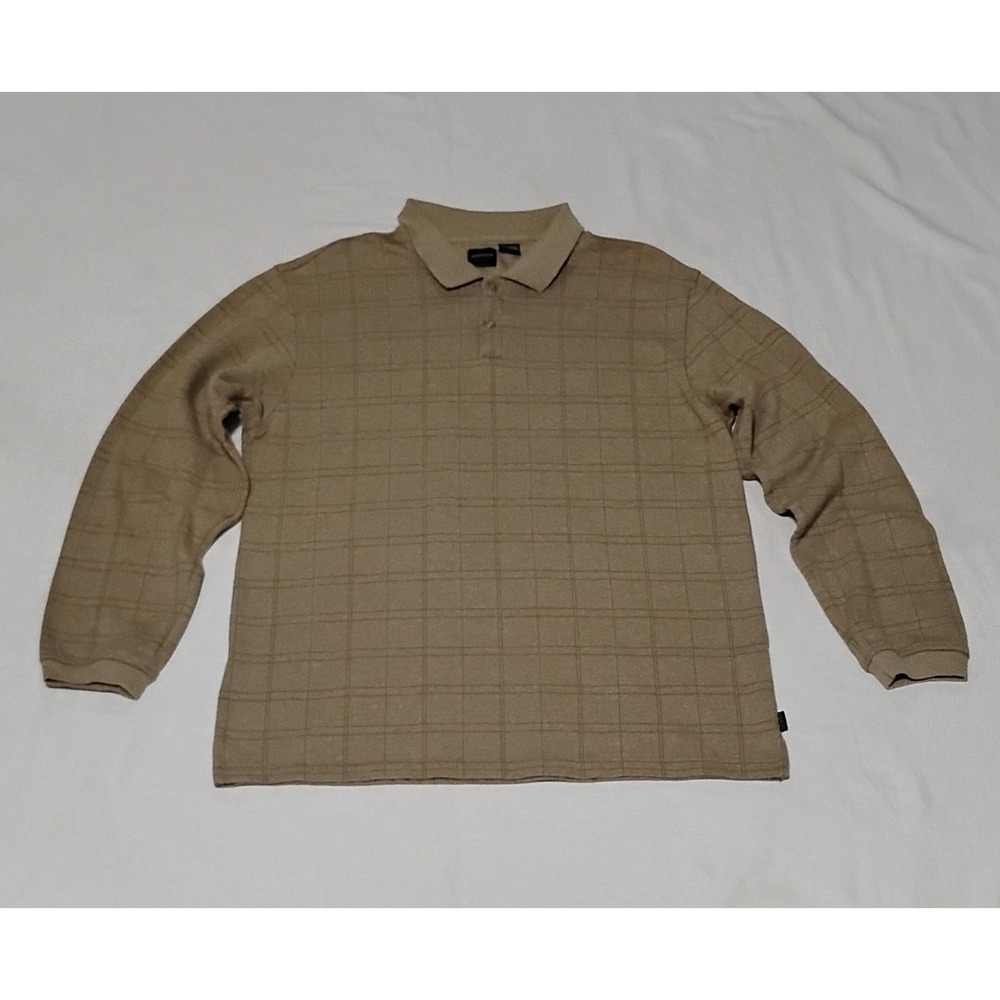Arrow USA 1851 Men's L Tan Beige Windowpane LS Polo Shirt Early 2010s Y2K